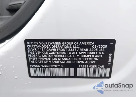 2020 Volkswagen Passat 2.0T Se из США, поврежденный, VIN 1VWSA7A36LC026710